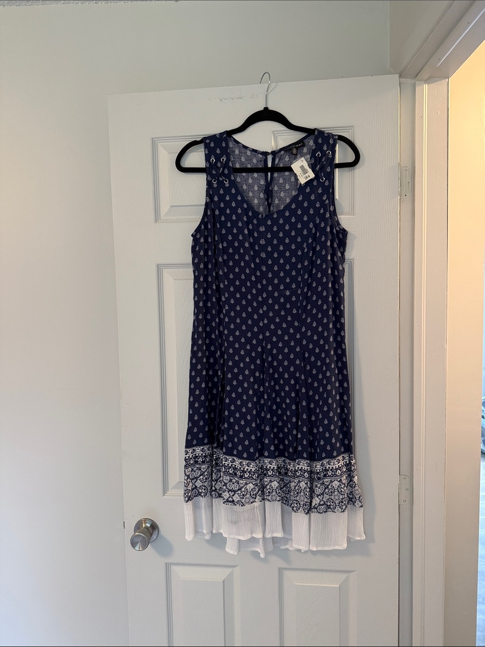 Tribal Navy and White Printed Sleeveless Midi Dress